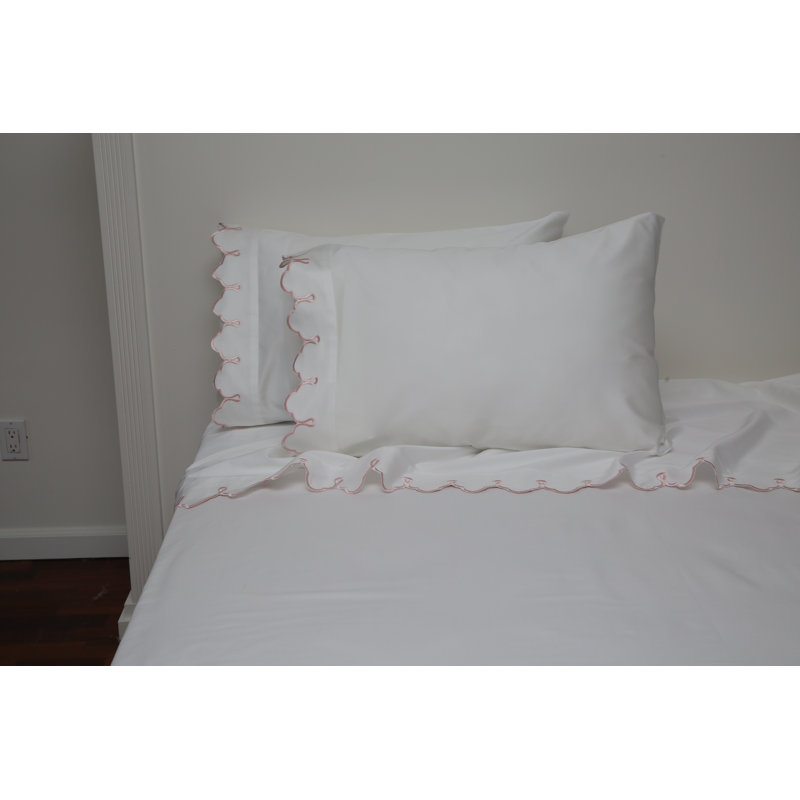 Scalloped 100% Cotton Standard Sheet Set, Full/Double Sheet Set, White Green