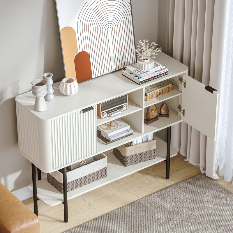 47" Modern Fluted Console Table with Storage Cabinet and Open Shelf, White