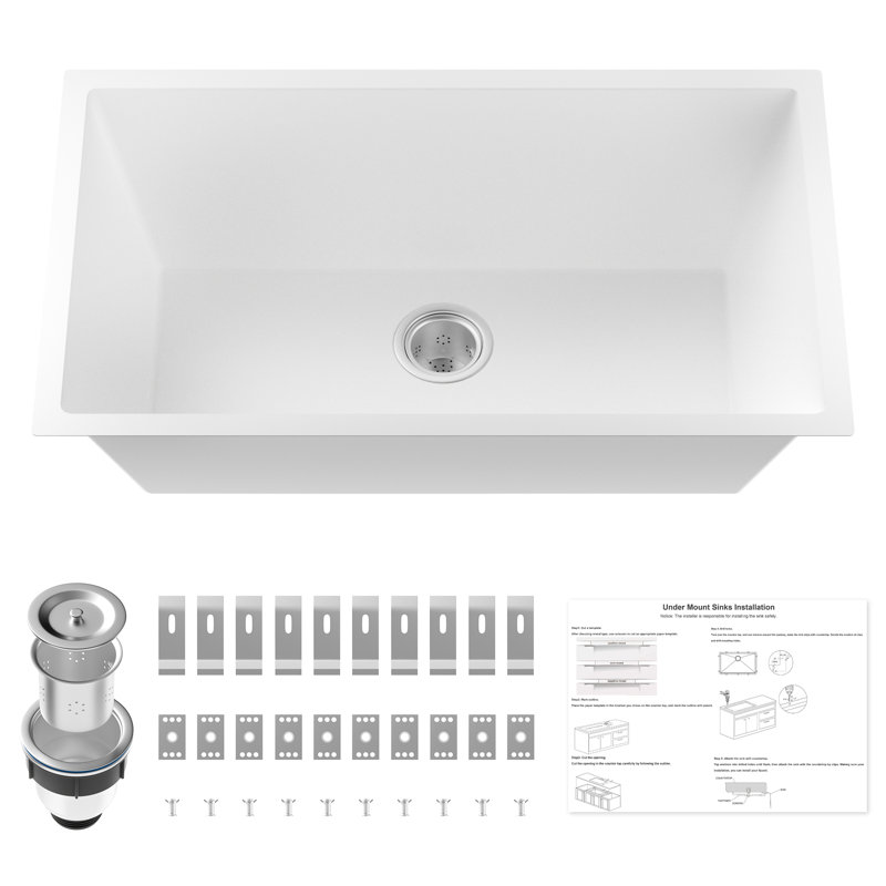 Grand évier de cuisine encastré en composite de granit blanc 30 po x 18 po, grand évier de cuisine profond, non poreux de style campagnard ou contemporain blanc