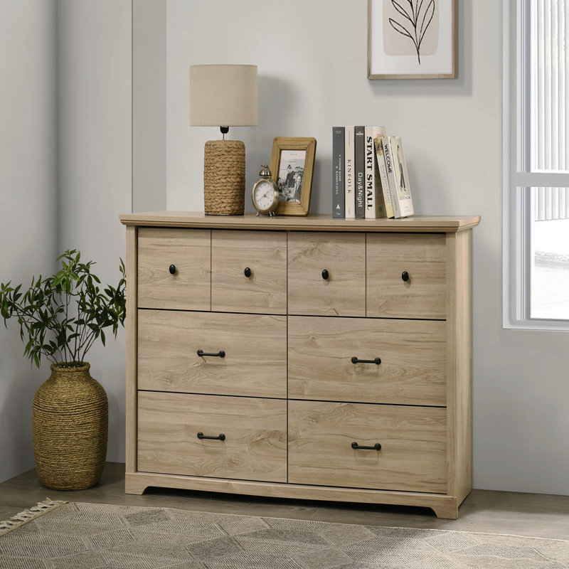 Commode 6 tiroirs l 57 po avec poignées noires, Chêne clair