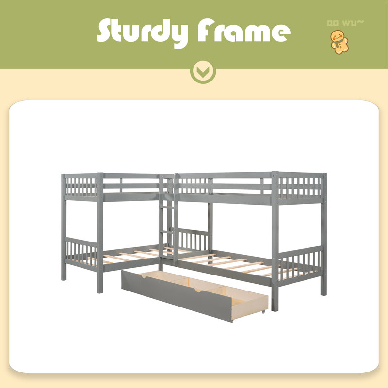 Twin L-Shaped Bunk Bed With Drawers, Gray