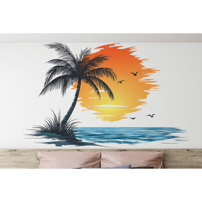Autocollant mural coucher de soleil sur palmiers, décoration murale plage tropicale, art mural océan, décoration chambre bord de mer, autocollant mural paradis d'été 329 g