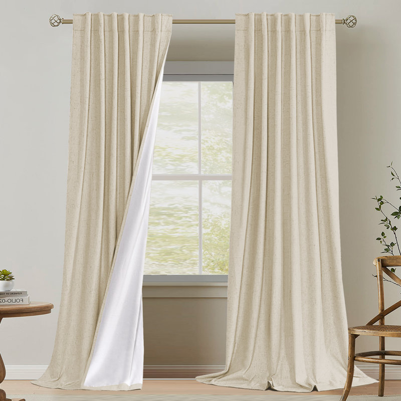 Faux Linen 100% Blackout Curtains for Bedroom Thermal Insulated Textured Linen Look Curtain Back Tab/Rod Pocket/Hook Belt Draperies 2 Panels