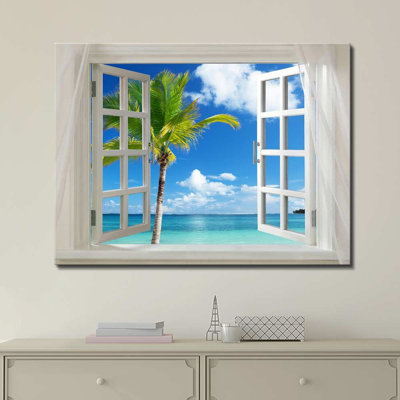 «Beautiful Tropical Beach With Palm Tree Open Window Modern Wall Home Decor» sur toile