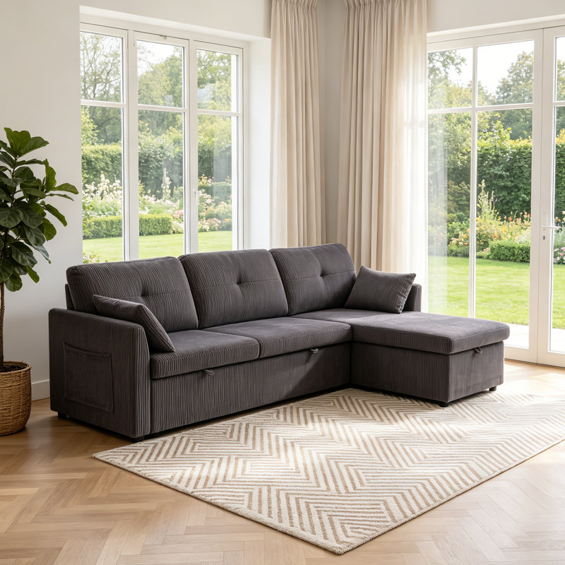 3 Seater Corduroy Sofa & Chaise, Charcoal Grey