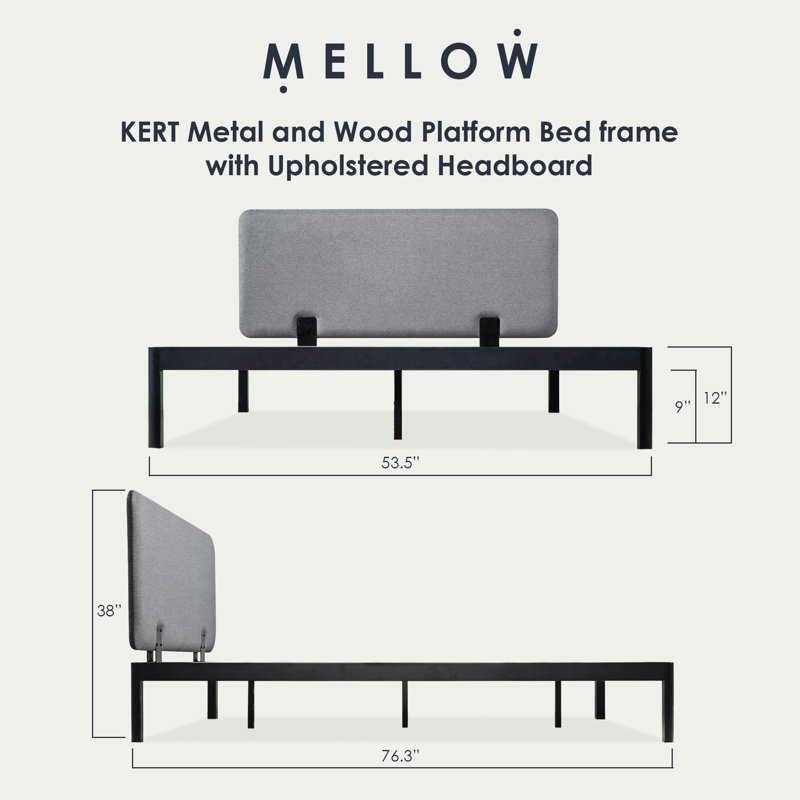 Base de lit plateforme en métal et bois avec tête de lit tapissier, Gris + noir, Lit double