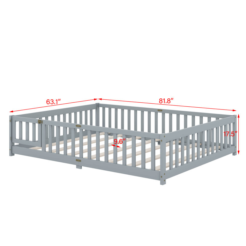 Grand lit au sol avec clôture, porte et barrières de sécurité, Gris