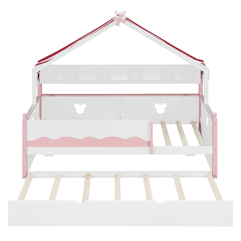 Lit de jour en bois en forme de maison avec bibliothèque intégrée, Lit simple, Rose blanc