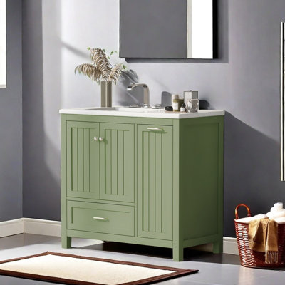 Meuble-lavabo de 36 po avec lavabo, une armoire avec deux portes et un grand tiroir et un tiroir rabattable, bois massif et panneau de fibres à densité moyenne, vert