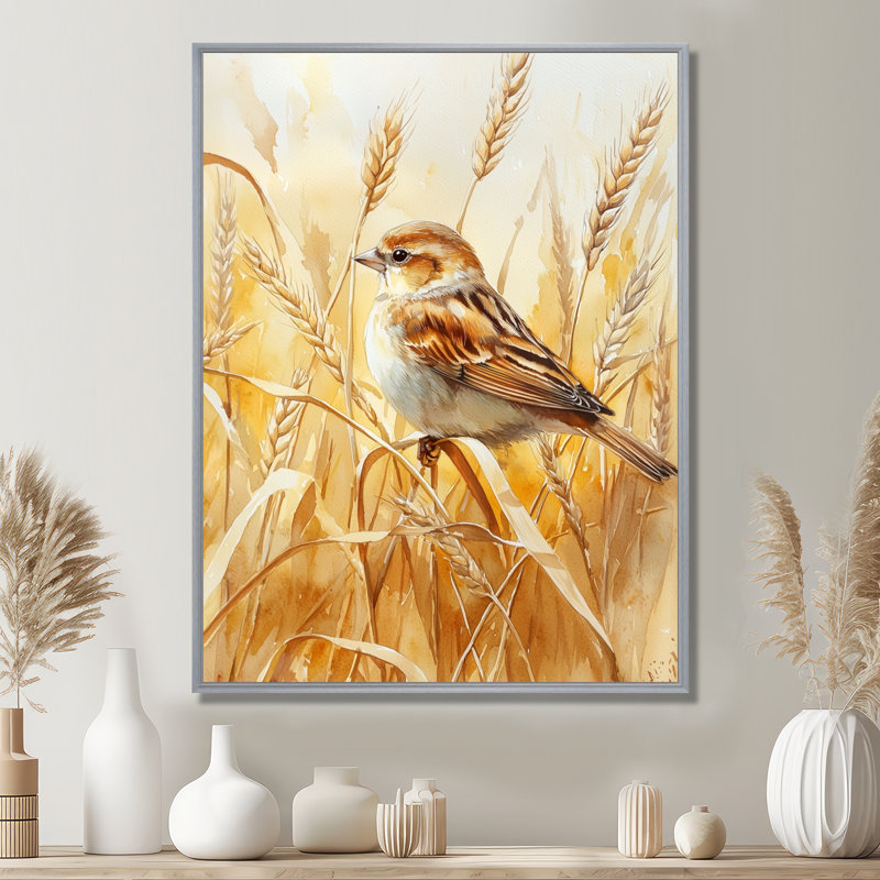  Oiseau moineau domestique parmi les blés I - Reproduction encadrée, Argent argent, Reproduction avec cadre flottant