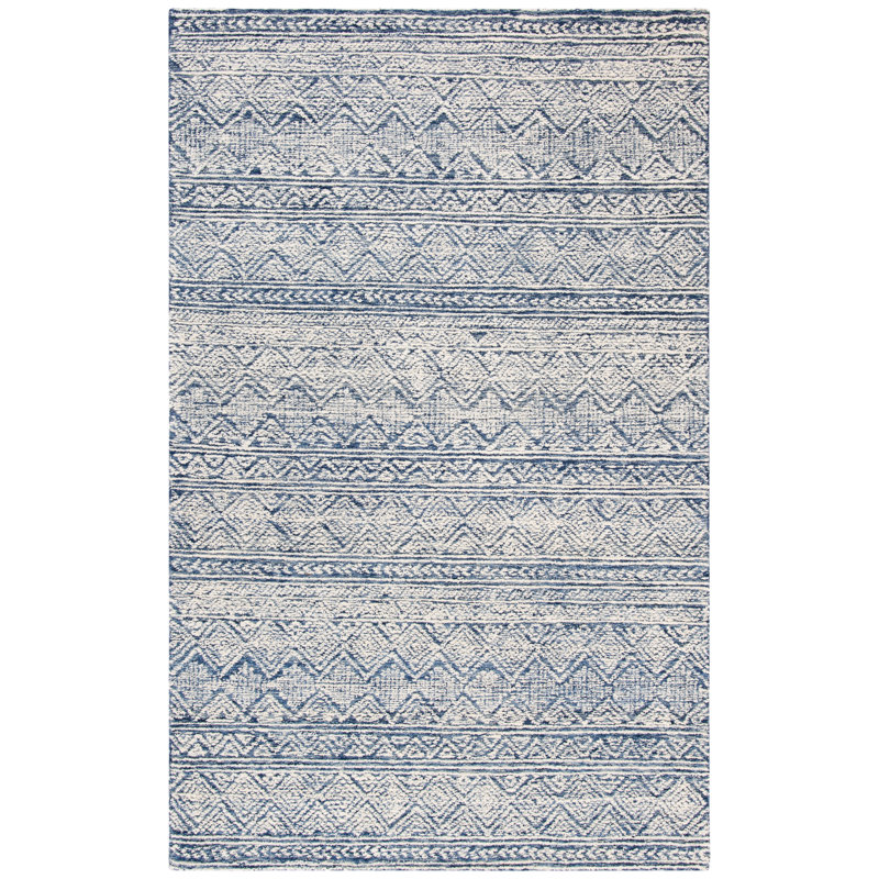 Abstract Hand Tufted Wool/Cotton Geometric Rug in Ivory/Blue, Rectangle 4' x 6'