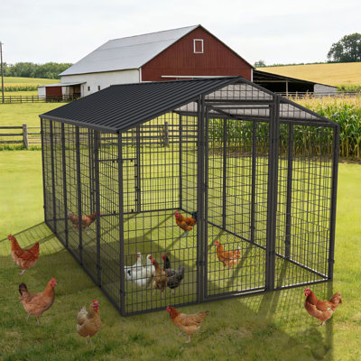 Poulailler métallique de 3,23 m x 1,89 m, enclos universel pour volailles avec toit en métal galvanisé et espace d'activités spacieux pour au moins 15 poules.