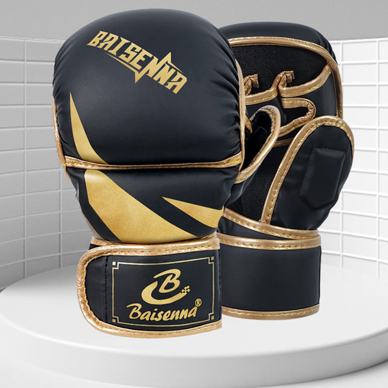 Gants de boxe en similicuir respirant, Noir et or