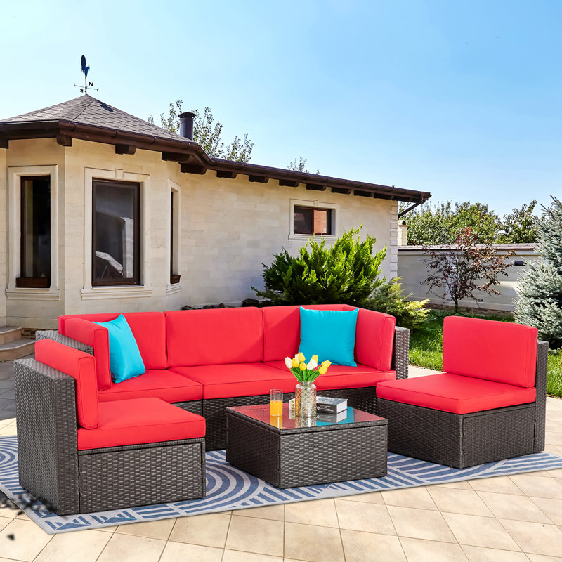 Arlynne Wicker 5 - Person Modular Patio Conversation Sets with Cushions, Red