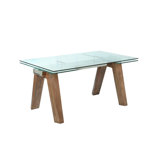 Sundy Modern Dining Table w/ Extendable Glass Top & Solid Wood Legs