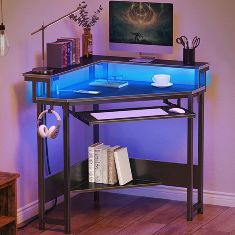Corner Desk,44.5" W x 34.5" H Small Computer Desk with Power Outlets, Gaming Desk with LED Lights, Triangle Corner Table with Keyboard Tray & Monitor Stand for Small Space, Black