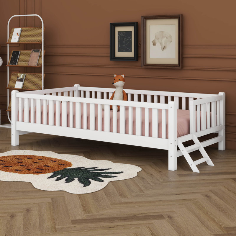 Base de lit plateforme simple pour enfants, base de lit en bois à profil bas avec garde-corps clôturés et échelle, Blanc