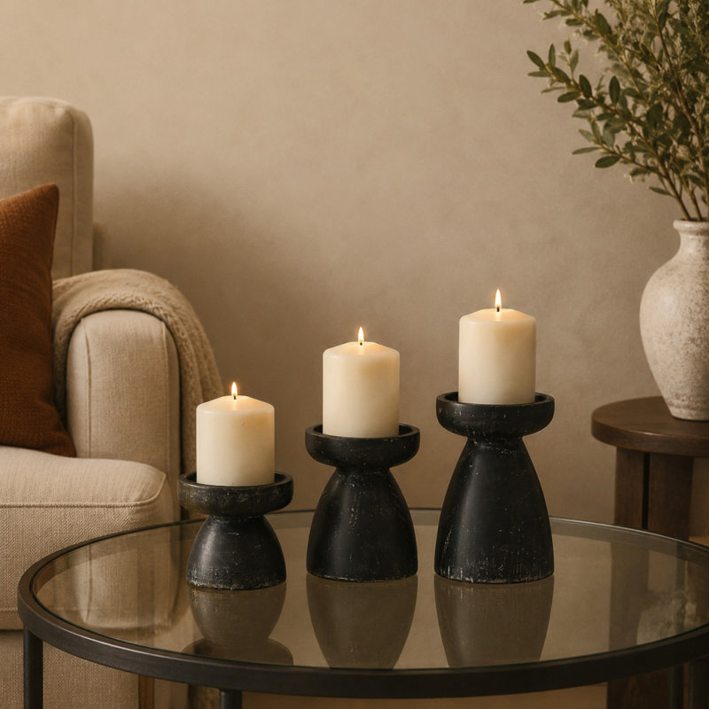 3 Piece Wood Tabletop Candlestick Set, Black