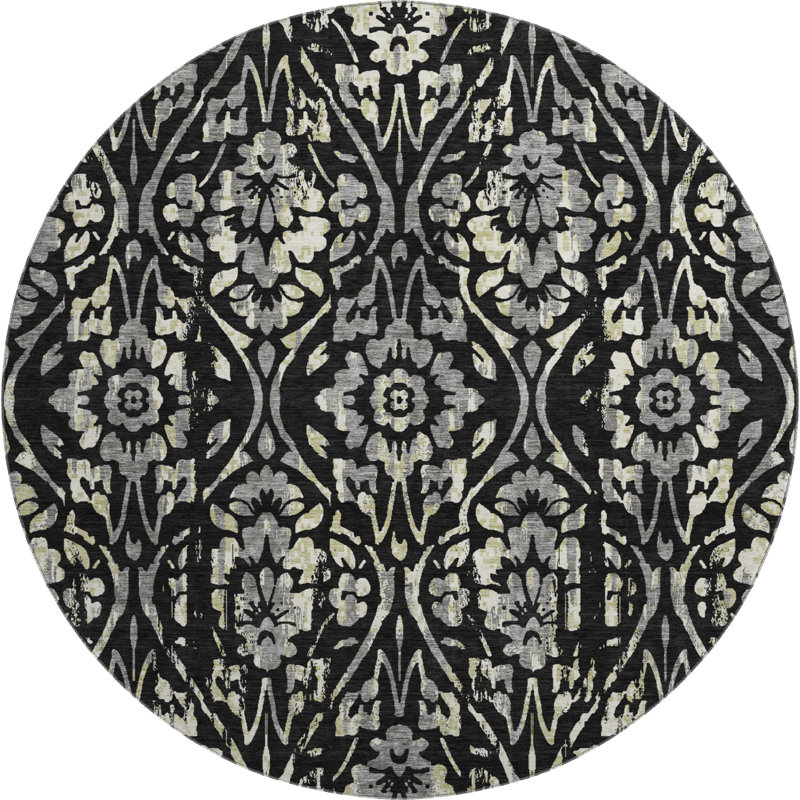 Premium Machine Washable Prisco Black Rug, Round 8'