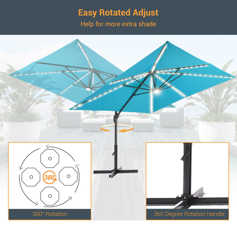 10x10FT Square Cantilever LED Umbrella(No Base), Lake Blue