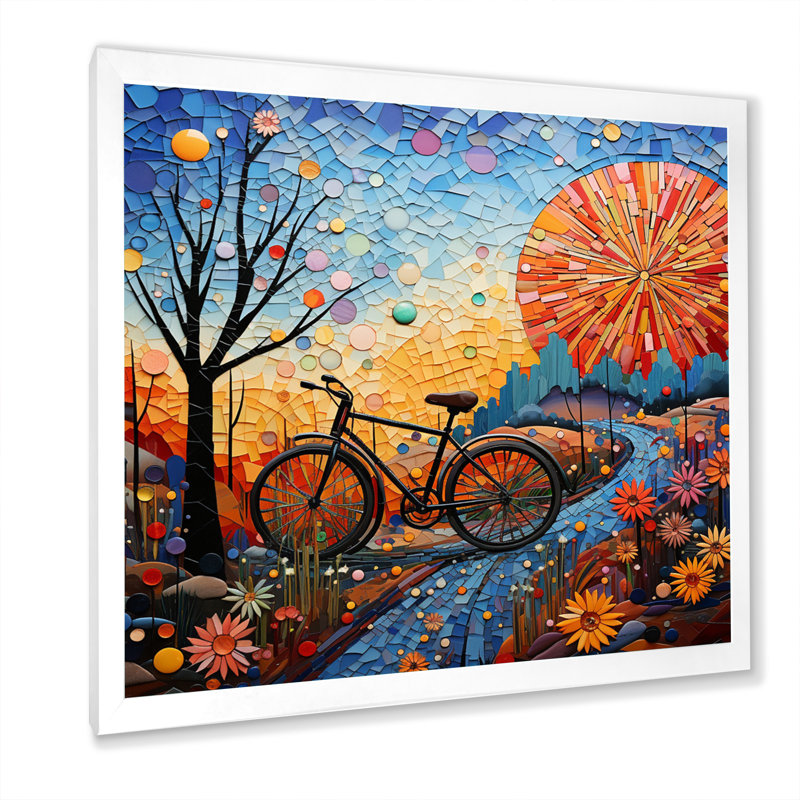 " Bicycle Mosaic Spokes Pointillism ", White Single Picture Framed, 16" H x 16" W x 1" D