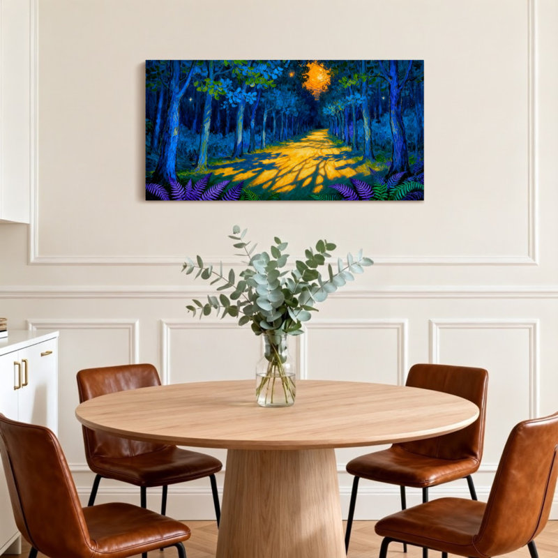 Landscape & Nature Mystic Forest Path Night Glow Trees Shadows Stars, 16" H x 32" W