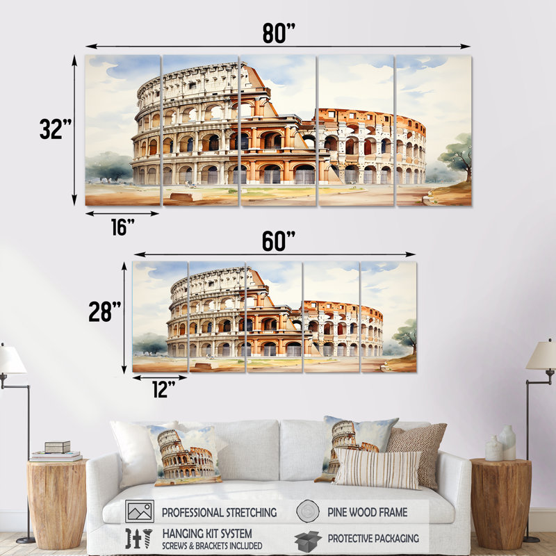 Italie, Colisée romain IV - Italie, art mural 5 pièces pour le salon, H 28 po x l 60 po