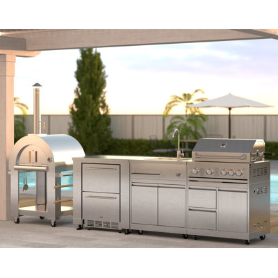 KoolMore Outdoor Kitchen Series Modular Kitchen with a Wood fire Pizza Oven, Refrigerator Cabinet, Double Refrigerator Drawers, Sink and a 30 in. BBQ Grill and Cabinet in Stainless-Steel (KM-OKSKIT-CONFIG100)