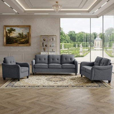 3-Piece Upholstered Living Room Set with Sofa, Loveseat, and Armchair, Button Tufted with Nailhead Trim