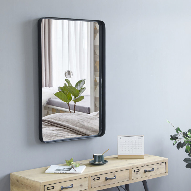 Rashawn Glass,Metal,Stainless Steel Flat Wall Mirror, 29.92" x 19.69", Black