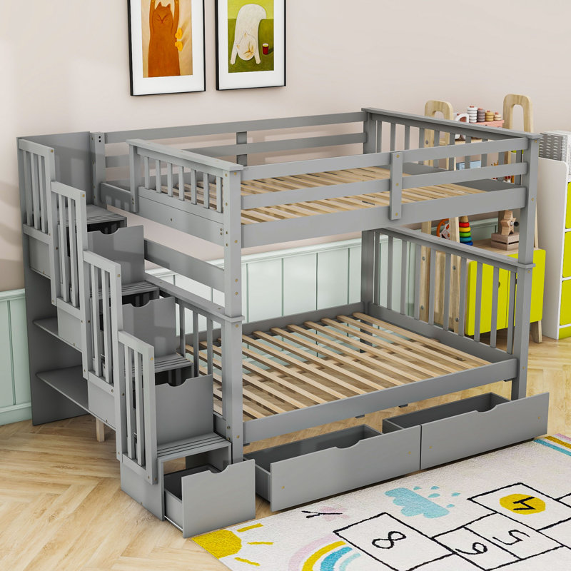 Aurore Full Bunk Bed with Storage Stairs and Drawers, Gray