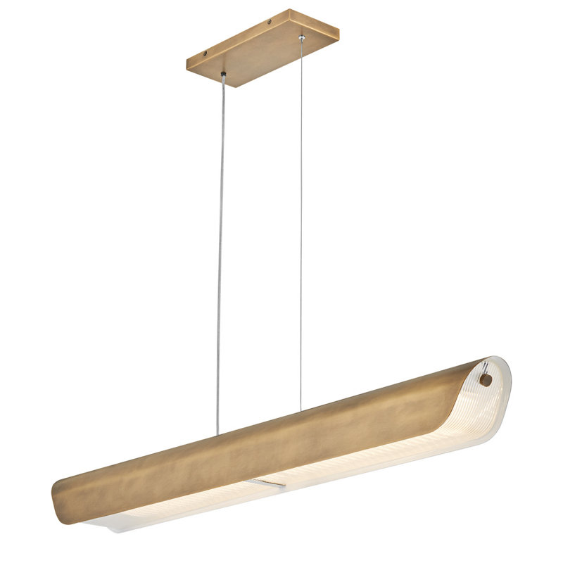 Arco Integrated LED Linear Chandelier w/ Heavy Clear Ribbed Glass, Heritage Brass