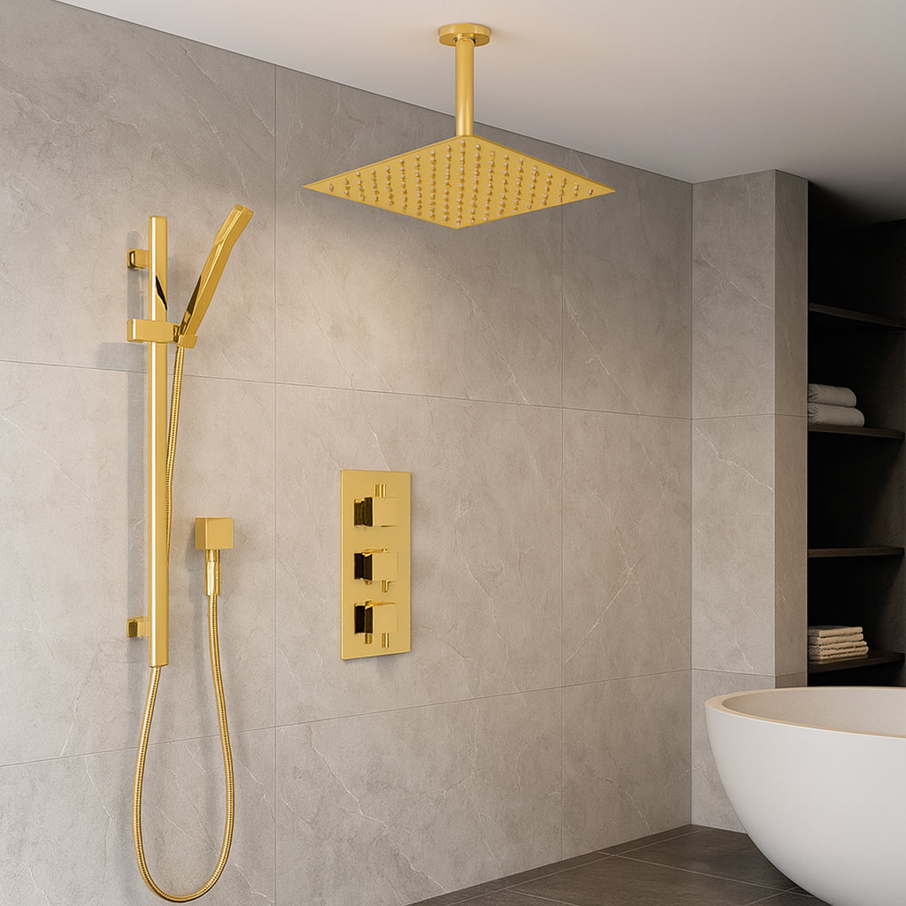 Gold Thermostatic Rainfall Shower System with LED Lights and Handheld Shower FontanaShowers