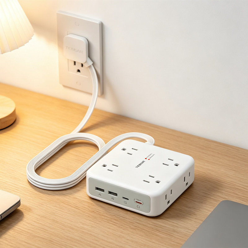 Multiprise plate avec cordon d'alimentation de 5 pieds, 6 prises de courant, 3 prises USB (1 USB-C), séparateur de prises à 3 côtés pour fournitures de bureau
