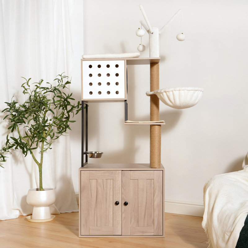 Arbre à chat avec bac à litière - maisonnette pour chat moderne avec poteaux à griffer, bol d'alimentation et bâtons de pompons amovibles, gris
