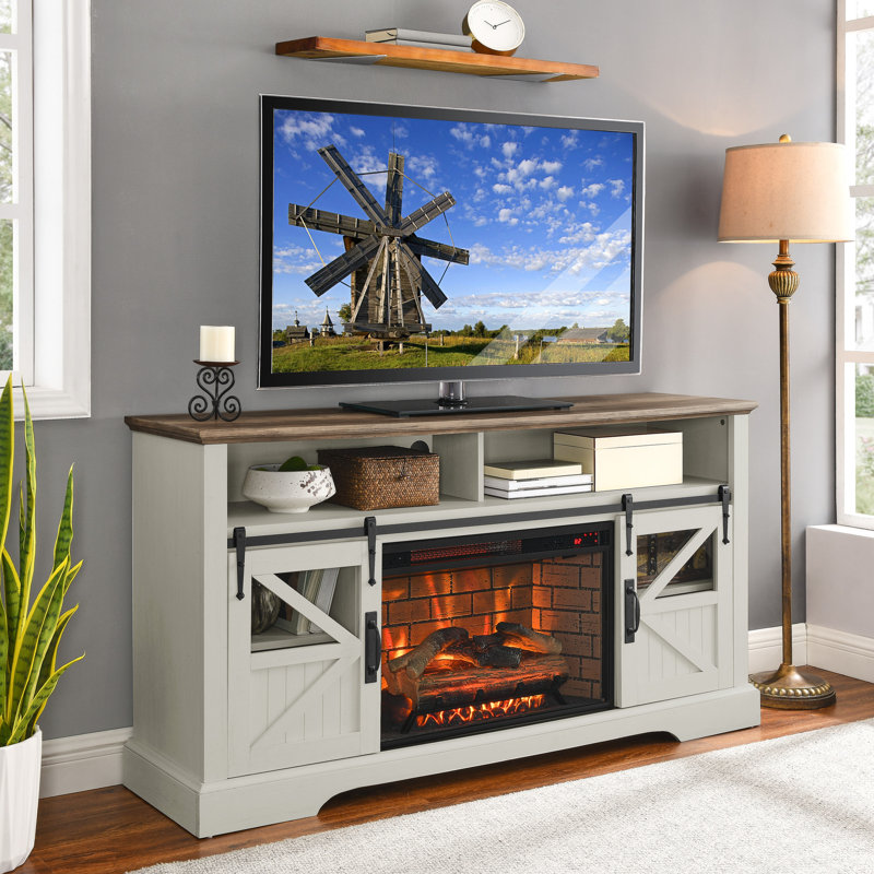 Electric Fireplace Entertainment Unit 60 Inch - Jasmine White. 50000 Hours Led, Double Protection, Fits Up To 70 Tvs, Door Sensor 60" Center & Particle Board, 5000 /Hr Heat, Remote Included, Flame