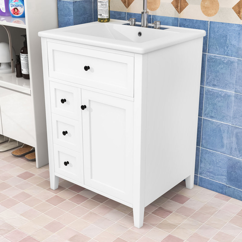 Meuble-lavabo 4 tiroirs avec lavabo en céramique, tablettes réglables et armoire de rangement, Blanc