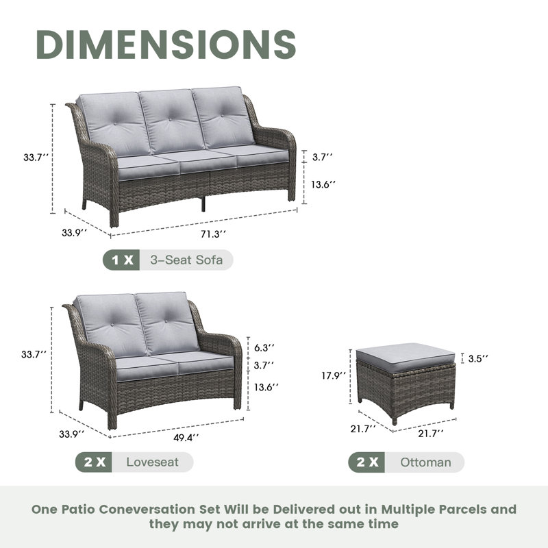 Ensemble de conversation pour 7 personnes en osier avec canapé 3 places, causeuses et repose-pieds, Gris