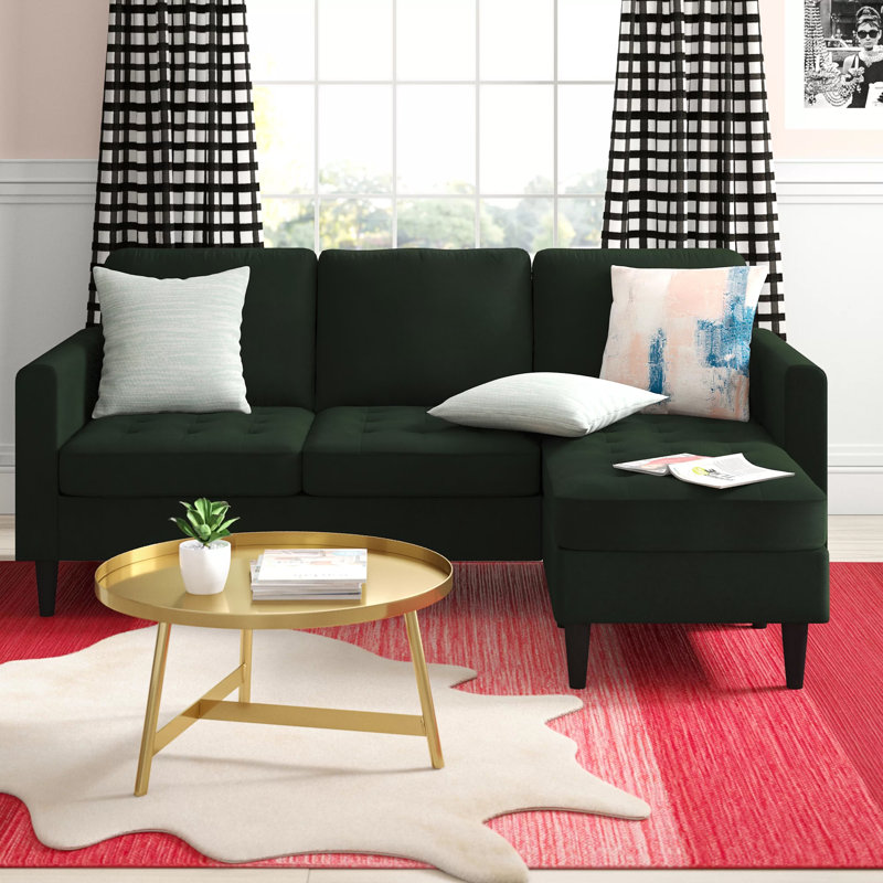 3 Seater Velvet Sofa & Chaise, Green