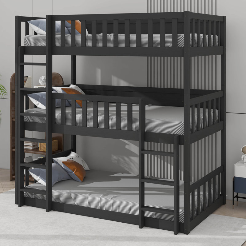 Lit superposé simple en bois d'hévéa à trois niveaux, entièrement équipé d'échelles et de barrières de sécurité, Noir