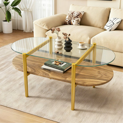 Table basse ovale en verre au design moderne, longueur 41 x largeur 21 x hauteur 17 pouces, pour le salon, structure à double couche avec fonction de rangement, verre transparent et panneau de fibres à densité moyenne brun