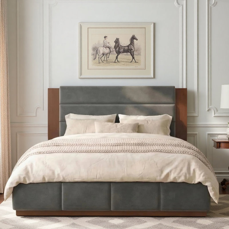 Lit plateforme tapissier moderne avec tête de lit haute et base en bois, sans sommier tapissier, Gris, Queen