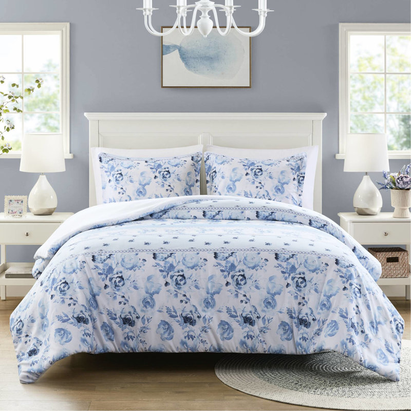 Housse de couette en microfibre bleue / bleue, Housse de couette double / grand et 2 taies décor