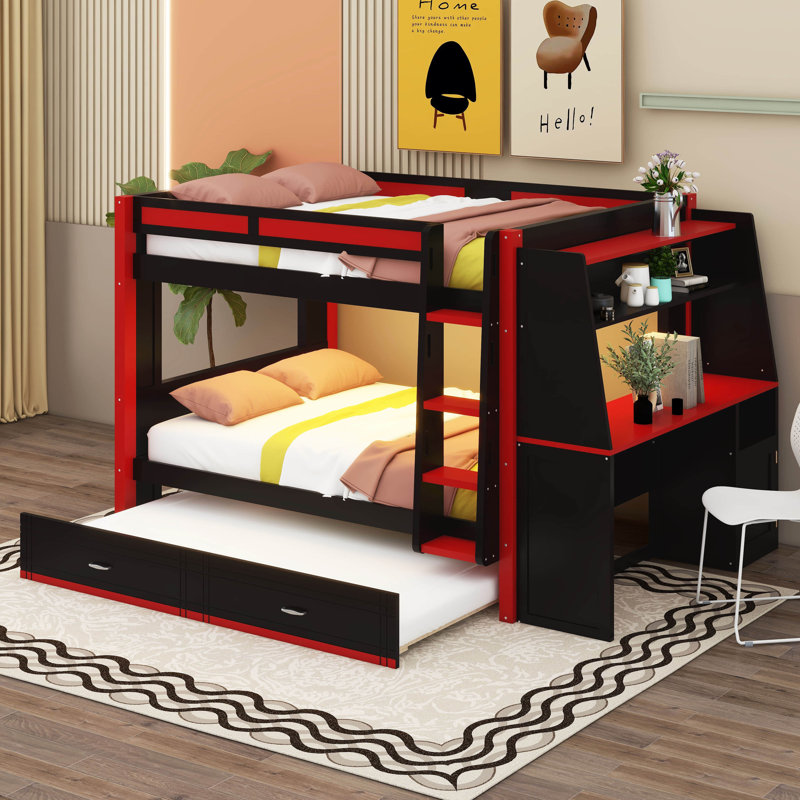 Lit superposé avec bureau Gaming, lumières DEL et lit gigogne, cadre de lit superposé en bois peu encombrant avec tablettes de rangement