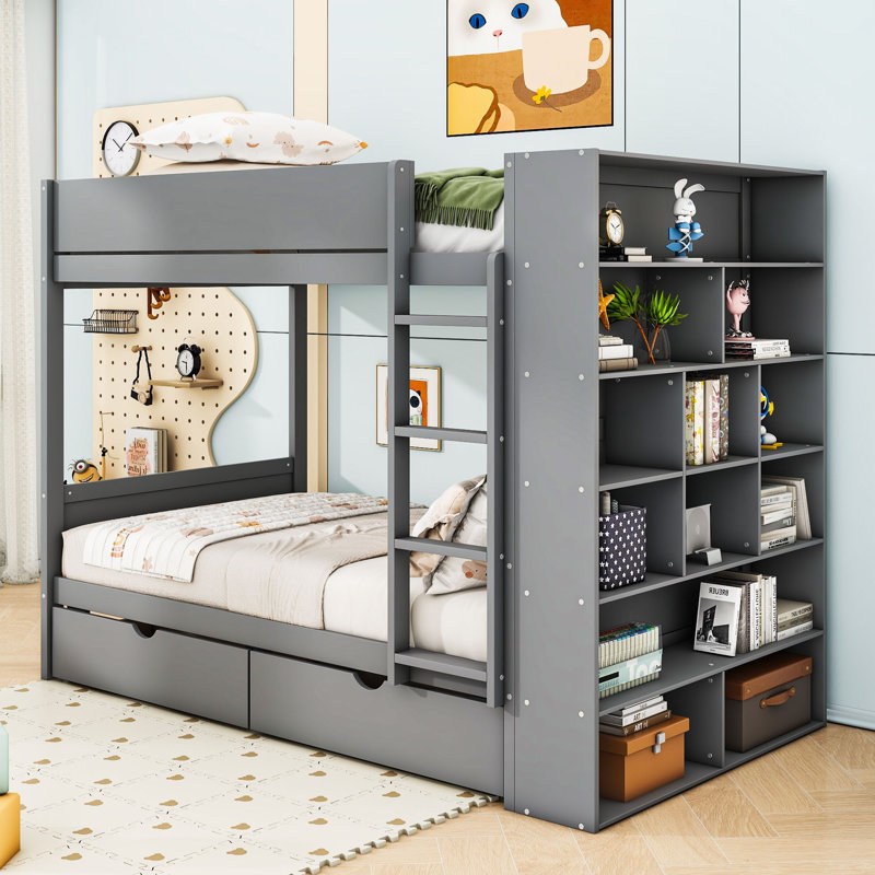 Lit superposé Kaylub avec tiroirs de rangement intégrés, tablettes et garde-corps, Lit superposé simple sur simple, Gris