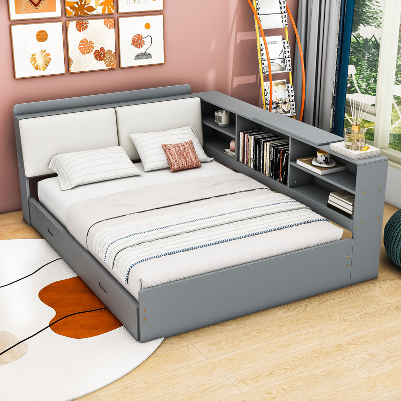 Lit plateforme double en bois avec tête de lit tapissier et tablettes intégrées, Gris