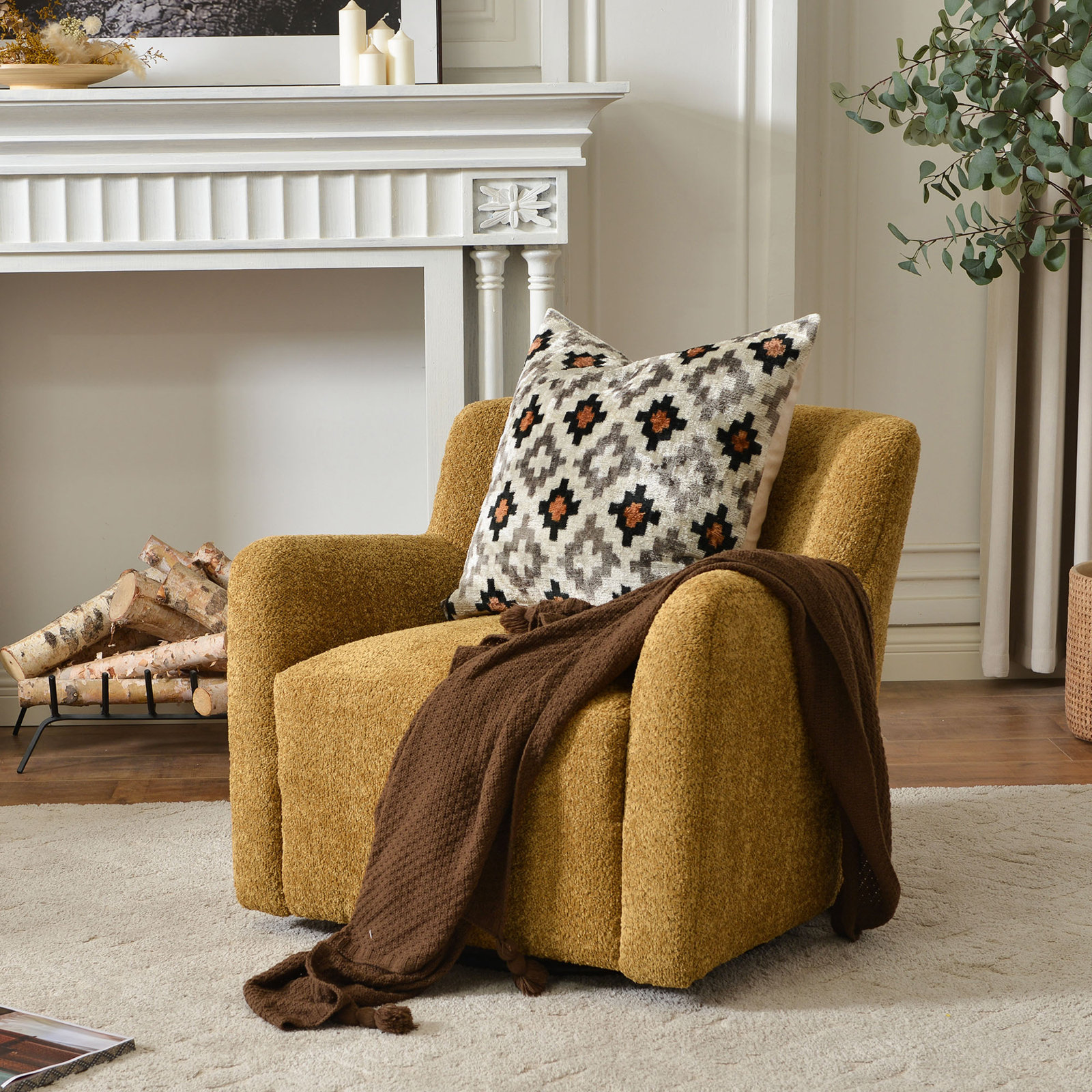 Fae Pine Swivel Armchair, Golden Ochre Textured Chenille