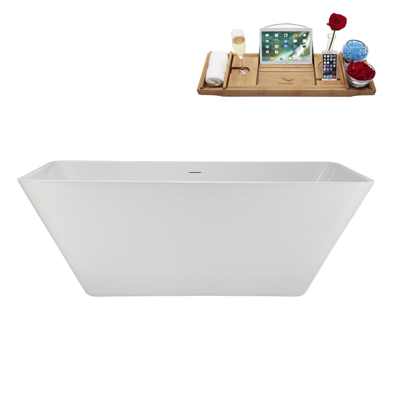 63" Streamline Soaking Freestanding Tub and Tray With Internal Drain, Brushed Gold