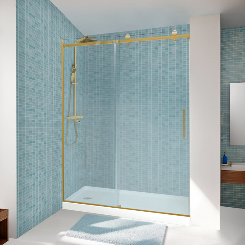 Porte de douche coulissante simple sans cadre de 56 à 60 po x H 76 po avec rail supérieur réglable en largeur, 5/16 po (8 mm) en verre trempé certifié ANSI et SGCC, or brossé
