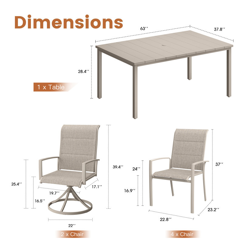 Ensemble repas de 63 pouces avec table de salle à manger rectangulaire en métal, 4 chaises rembourrées PVC-coated polyester, 2 chaises pivotantes PVC-coated polyester